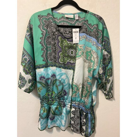 Chico's Sz 2 (US L 12) Shades of Green Silky Flowy Pullover Blouse Cinched Waist - Picture 1 of 7